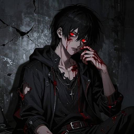 Dark, gothic anime drawing of a black-haired, red-eyed boy with blood on his face, wearing a tattered black jacket, against a cracked