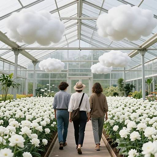 Photograph: Three people, two men and one woman, walking down a greenhouse aisle filled with white flowers, under a glass roof.