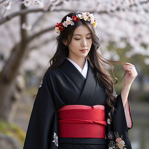 Photograph of an Asian woman with long black hair, wearing a black kimono with red obi, flower crown, and white collar, standing outdoors
