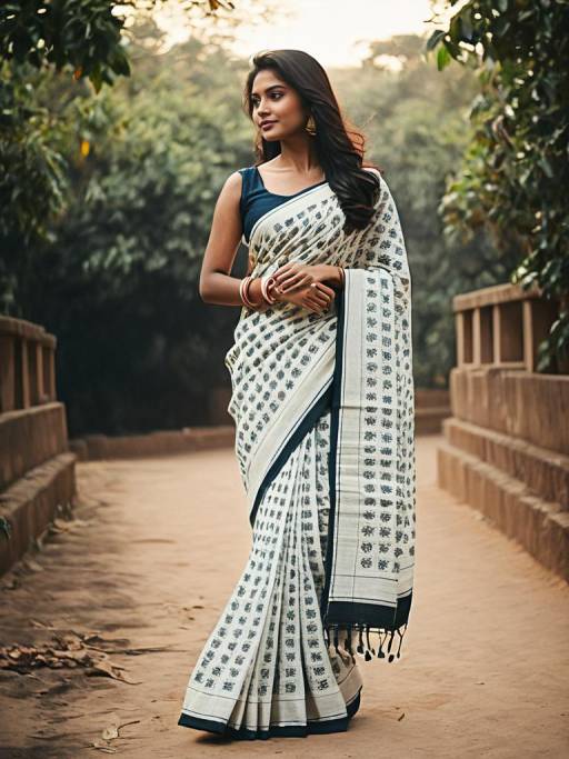 Woman Wearing Malmal Cotton Saree Outdoors