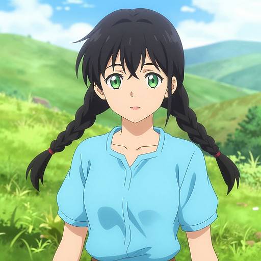 Anime-style digital drawing of a young girl with green eyes and black braided hair, wearing a light blue shirt, standing in a sunny, green mountain