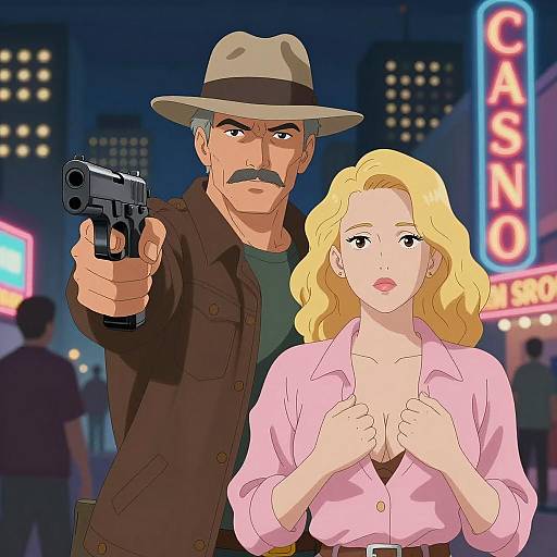 Man with Gun and Woman in City Night Scene