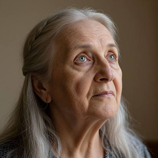 Photograph of an elderly woman with long, silver hair, light blue eyes, and wrinkled skin, gazing thoughtfully upwards; soft, natural