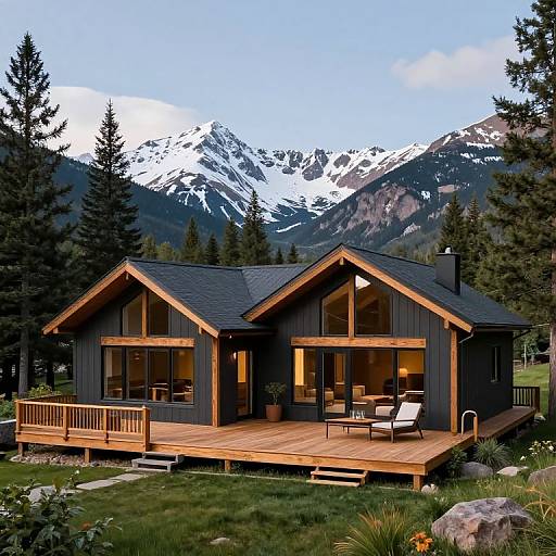 Photograph of a modern black wooden cabin with large windows, wooden deck, and snow-capped mountains in the background, surrounded by evergreen trees.