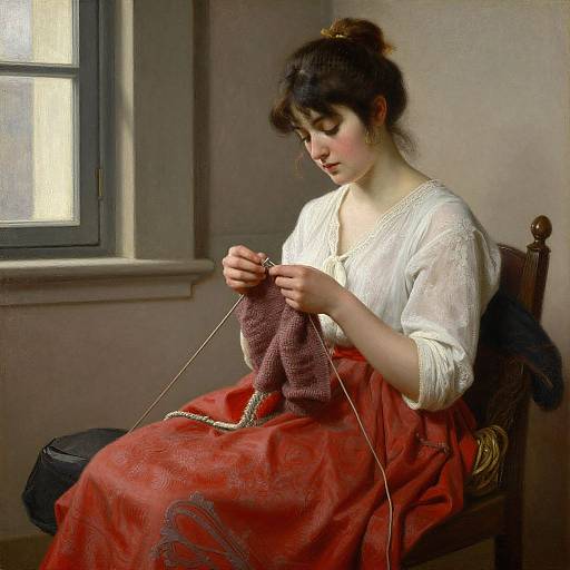 Photograph of a fair-skinned woman with dark hair in a bun, wearing a white blouse and red skirt, sewing by window light.