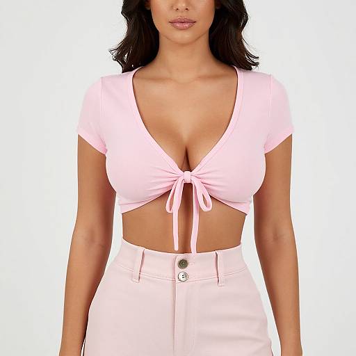 Photograph of a woman with medium brown skin, black wavy hair, wearing a pink tied-knot crop top and high-waisted pink button