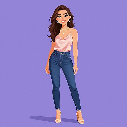 Digital illustration of a smiling woman with long brown hair, wearing a pink sleeveless top, blue jeans, and white heels, against a solid purple background