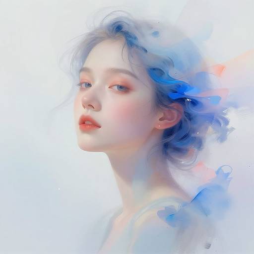 Digital painting of a fair-skinned, blue-eyed young woman with soft, wavy blue hair, pink lips, and subtle blush, set against a