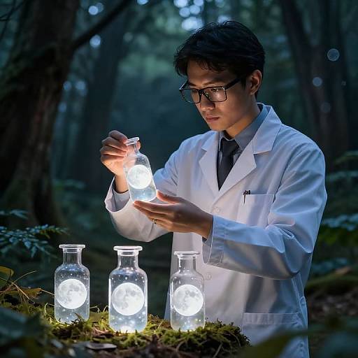 Photograph of an Asian man with black hair and glasses, wearing a white lab coat, examining a glowing glass jar in a dark forest, surrounded by