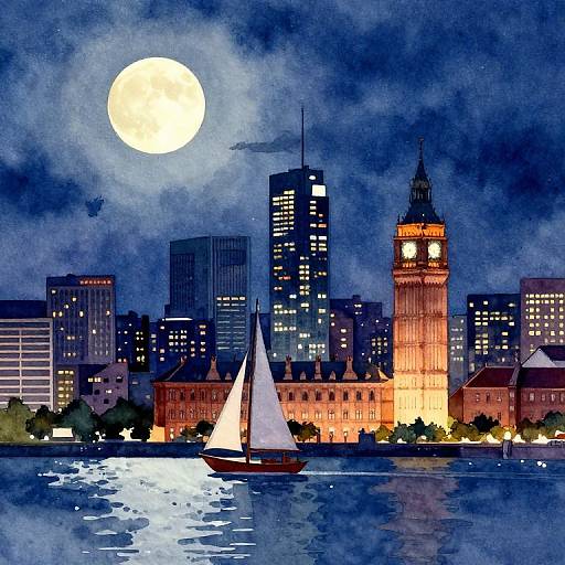 Watercolor-style cityscape at night with a full moon, illuminated clock tower, and a sailboat on a reflective river.