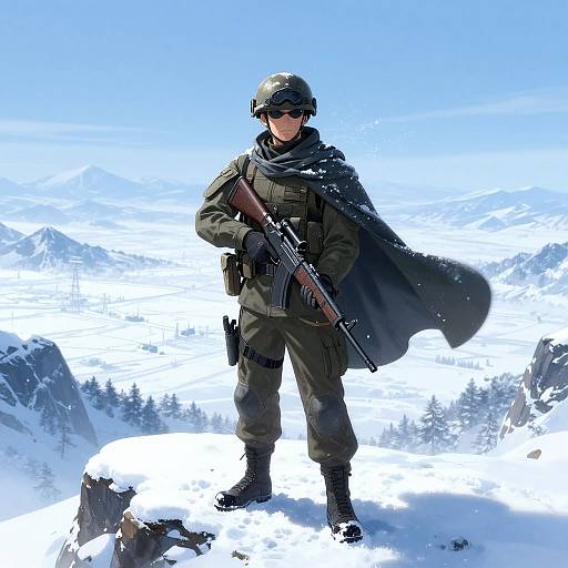 Digital illustration of a soldier in winter gear with a rifle, dark cape, and sunglasses standing in a snowy mountain landscape.