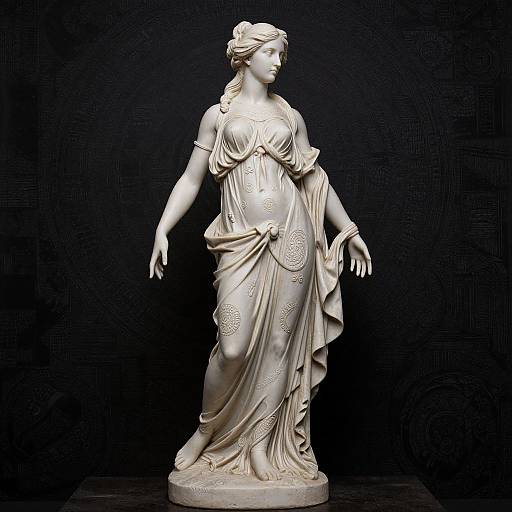 Photograph of a white marble statue of a Greco-Roman woman, draped in detailed, flowing robes, standing against a black background.
