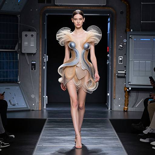 Photograph of a slender, dark-haired female model on a futuristic runway, wearing a metallic, sculptural, silver and beige dress with large, spherical