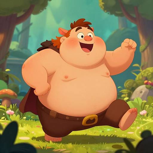 Cartoon-style chubby, smiling ogre with brown pants, black belt, and brown jacket, joyfully running in a vibrant, enchanted forest.