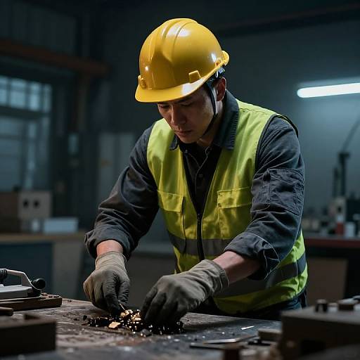 Photograph of a focused male welder in yellow hard hat and high-visibility vest, wearing gloves, welding sparks on a workbench in a dim