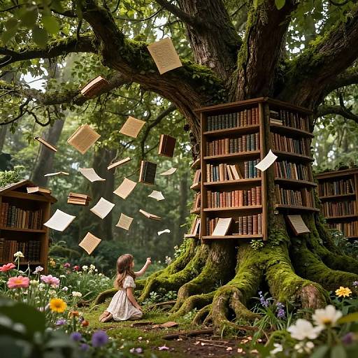 Enchanted Tree Library with Floating Books