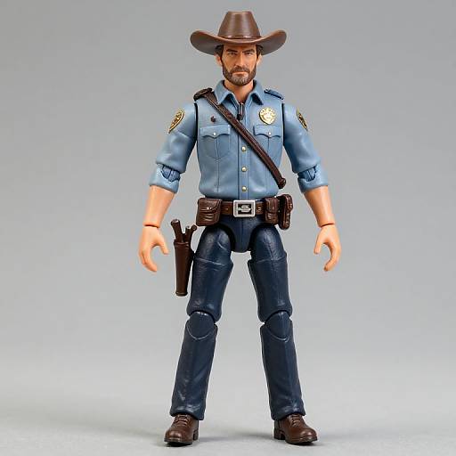 Photorealistic LEGO figure of a rugged, bearded male sheriff in blue uniform, brown hat, belt with holster, standing against a gray background.