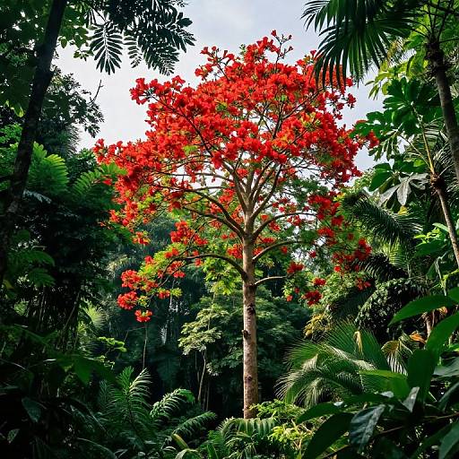 Photograph of a vibrant red-flowered tree centered amidst lush, dense green tropical foliage, with sunlight filtering through the leaves.