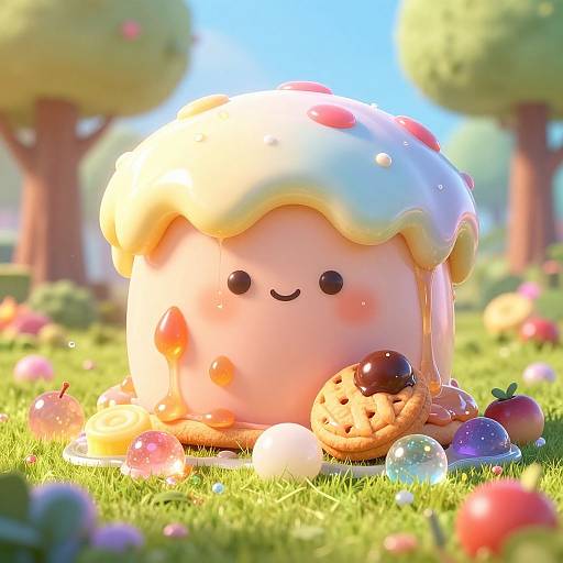 Cute digital illustration of a pink, round, icing-covered character with a smile, surrounded by colorful candies and cookies in a sunny, colorful forest.