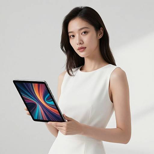 Photograph of an Asian woman with straight black hair, wearing a sleeveless white dress, holding a tablet with a vibrant abstract background. She has a