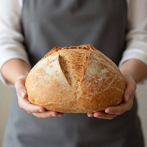 Photograph of a person in a white shirt and dark apron, holding a large, crusty, round loaf of bread with both hands.
