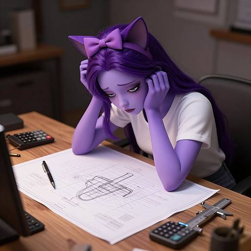 Tired Purple-Haired Cat Girl Drawing