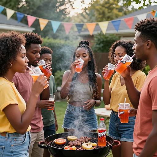 Photograph of six diverse young people, drinking orange soda, standing around a barbecue grill with smoking burgers and doughnuts, under colorful bunting in a