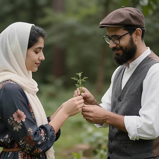 Bearded Man Receiving Herbs in Forest