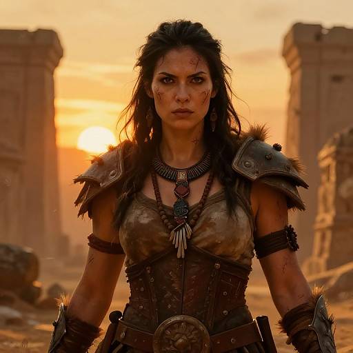 Photorealistic digital artwork of a fierce, blood-streaked woman in warrior armor facing a sunset in a desert ruins landscape.