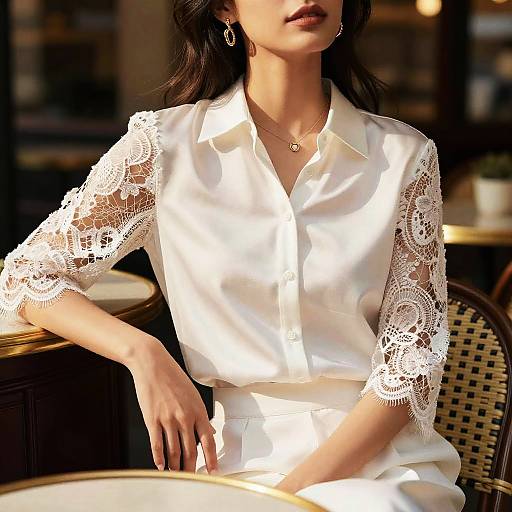 Photograph of a woman with light brown skin, dark hair, wearing a white lace-sleeved blouse and white skirt, seated at a sunlit