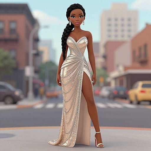 Digital artwork of a tall, dark-skinned woman with long black hair in a braid, wearing a sparkling, one-shoulder, thigh-high