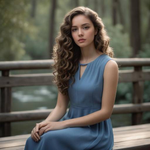 Young Woman in Blue Dress on Wooden Bridge