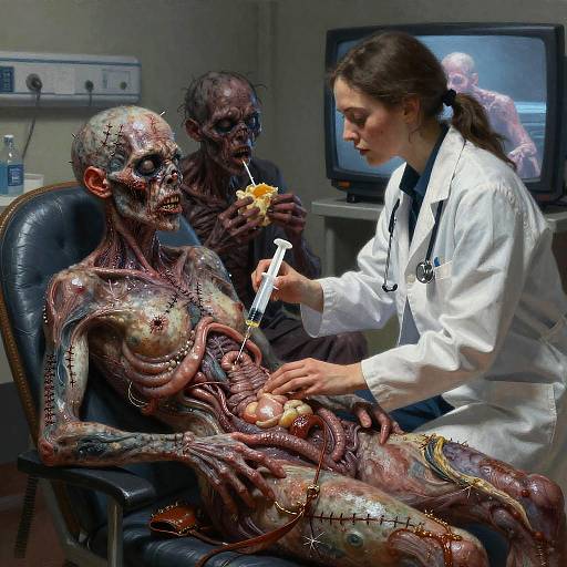 Photograph of a female doctor in a white lab coat injecting a colorful, stitched-together zombie-like humanoid patient in a medical office with a TV in