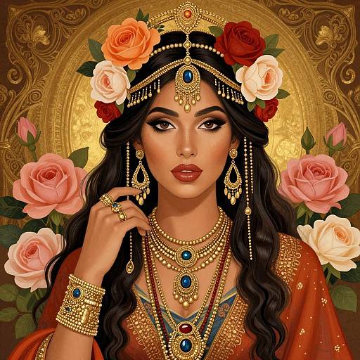Digital artwork of a beautiful South Asian woman with dark hair, wearing gold jewelry and a flower crown, surrounded by roses.