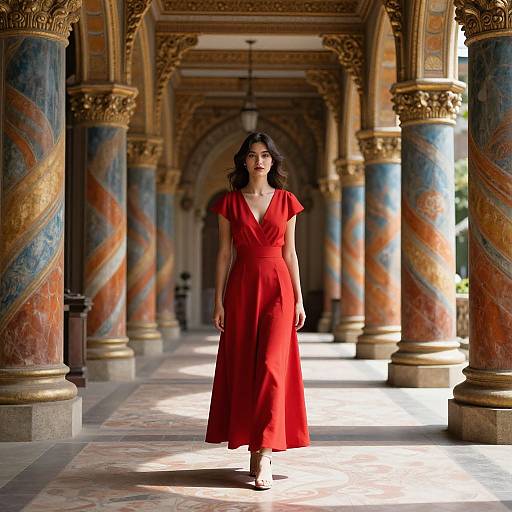 Photograph of a woman with medium-length brown hair in a red V-neck, short-sleeve dress walking through an ornate, colorful, column