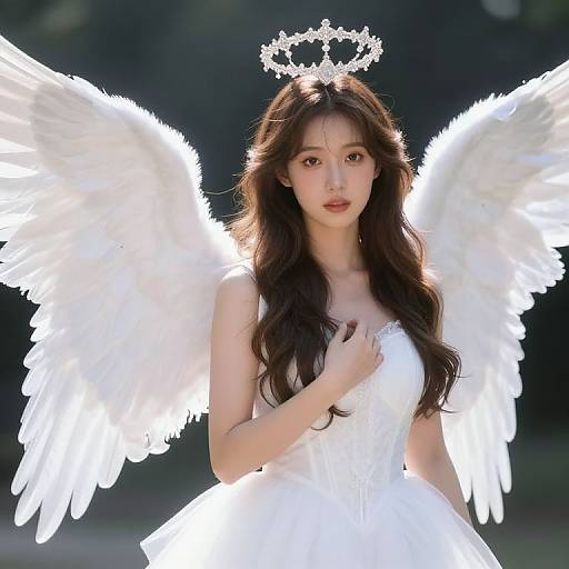 Photograph of an Asian woman with long brown hair, wearing a white angel dress, halo crown, and glowing white wings, standing in a dark,