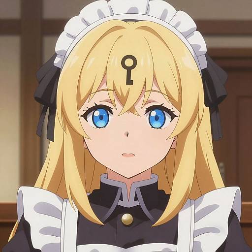 Anime-style digital drawing of a blonde girl with blue eyes, wearing a black maid outfit with white frills and a key symbol on her forehead, set