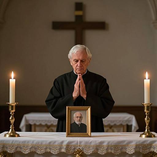Elderly Man Praying in Dim Church