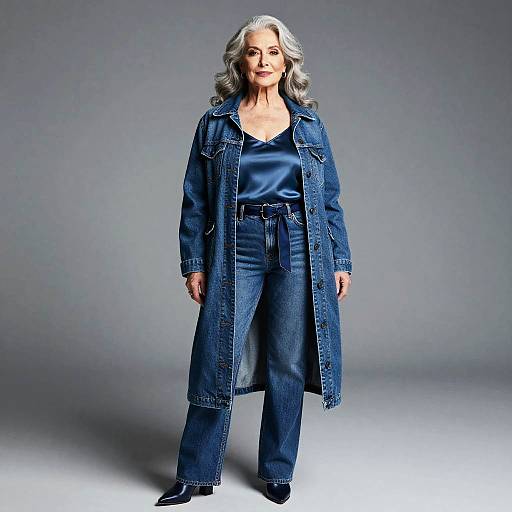 Photograph of a mature woman with silver curly hair, wearing a navy satin top, blue denim long coat, and high-waisted jeans, standing