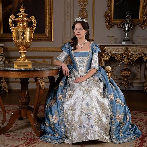 Photograph of a fair-skinned woman in an elaborate blue and silver baroque-style gown, adorned with gold embroidery, sitting in an opulent,