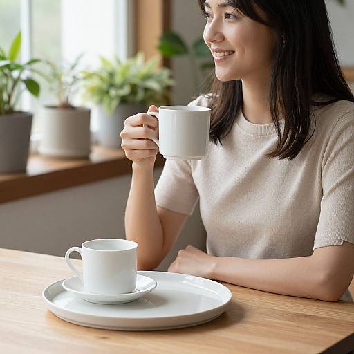 Smiling Woman with Ceramic Mugs