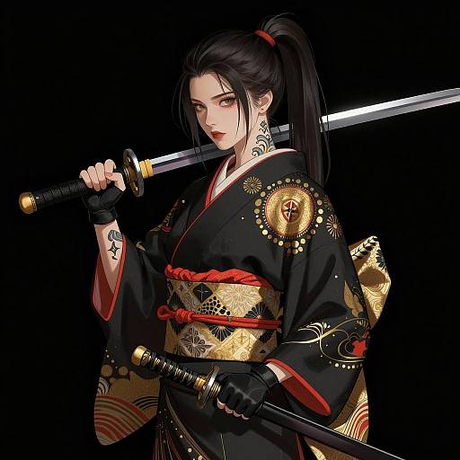 Elegant Female Samurai in Black Kimono