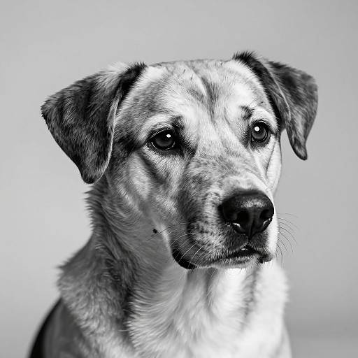 Black-and-white photograph of a medium-sized, short-haired dog with dark ears, white and black fur, and a curious expression.