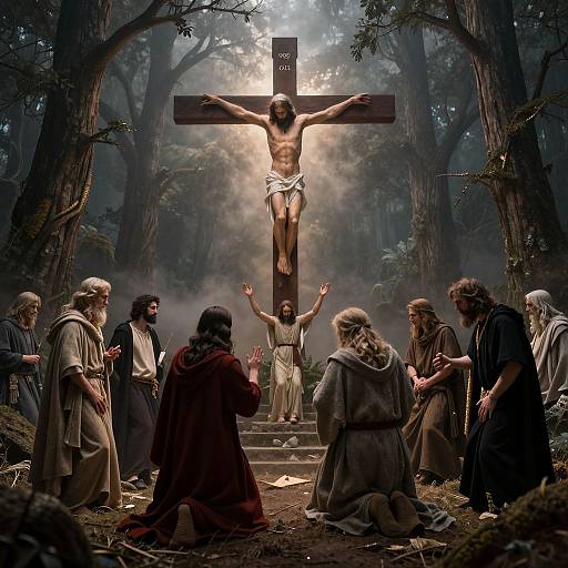 Photograph-style digital artwork of Jesus crucified on a wooden cross in a dark, misty forest, surrounded by solemn, robed figures.