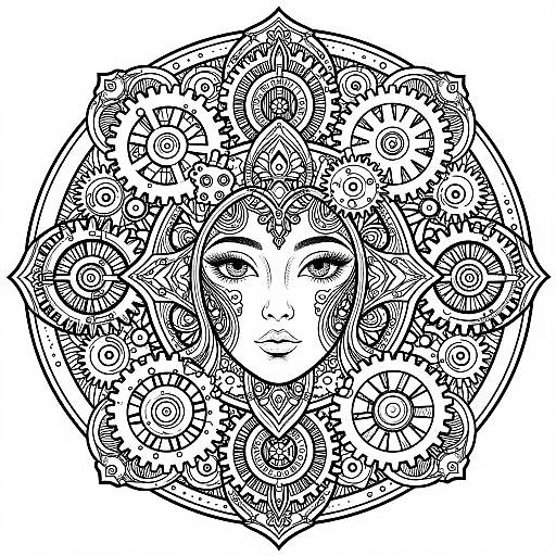 Intricate black-and-white mandala drawing featuring a serene, stylized face surrounded by detailed, symmetrical patterns and geometric shapes. Digital medium.