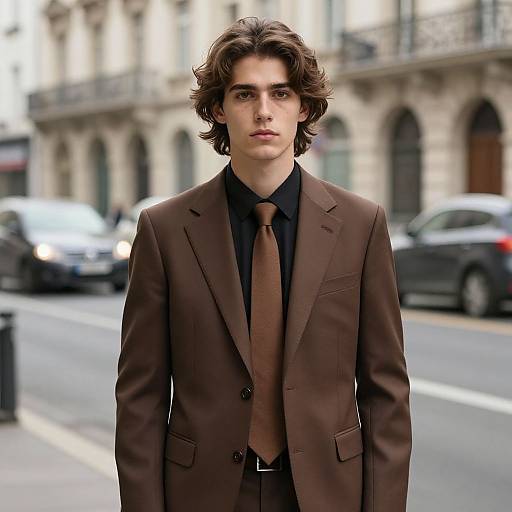 Photograph of a young man with wavy brown hair, wearing a brown suit, black shirt, and brown tie, standing on a city street with