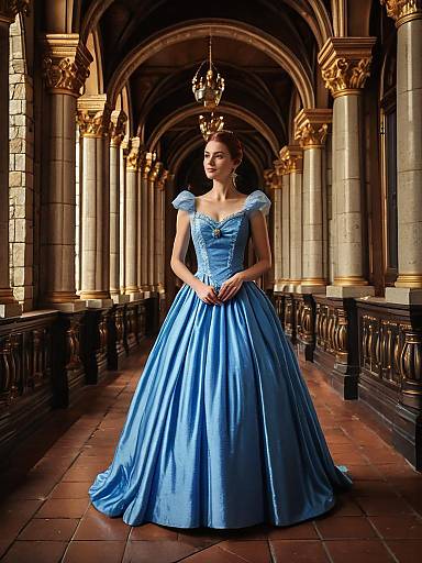 Woman in Elegant Blue Cinderella Dress in Castle Corridor