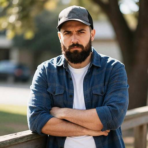 Serious Bearded Man by Wooden Fence