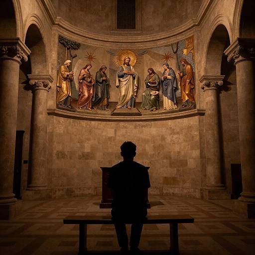 Silhouetted Figure in Golden Church Mural