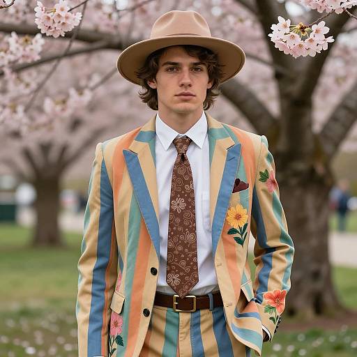 Stylish Young Man in Colorful Floral Suit and Tan Hat